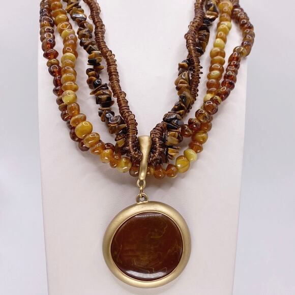 Vintage Amber Tone Lucite MultiStrand Necklace with Cabochon Pendant - Picture 5 of 7